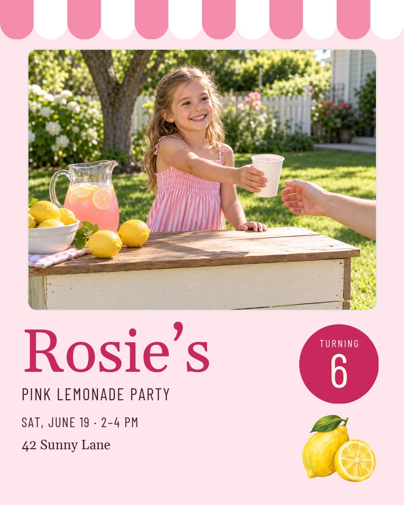 Pink lemonade birthday invitation with a smiling child at a lemonade stand and lemons