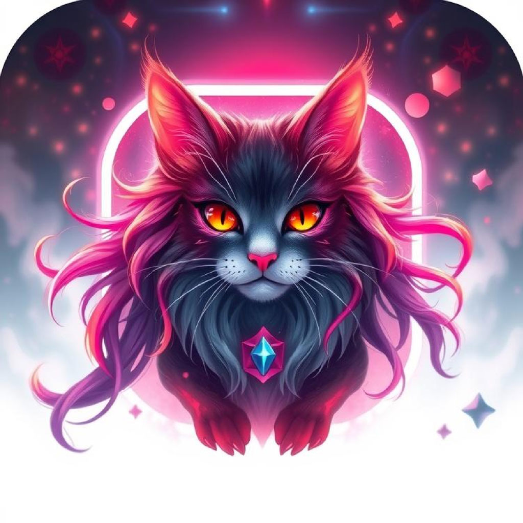 Illustration of a black cat with orange eyes and pink hair, adorned with a star pendant.