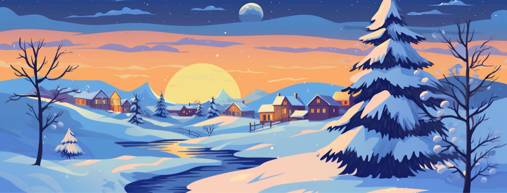Illustration of a snowy village at dusk with a large moon and snow-covered trees