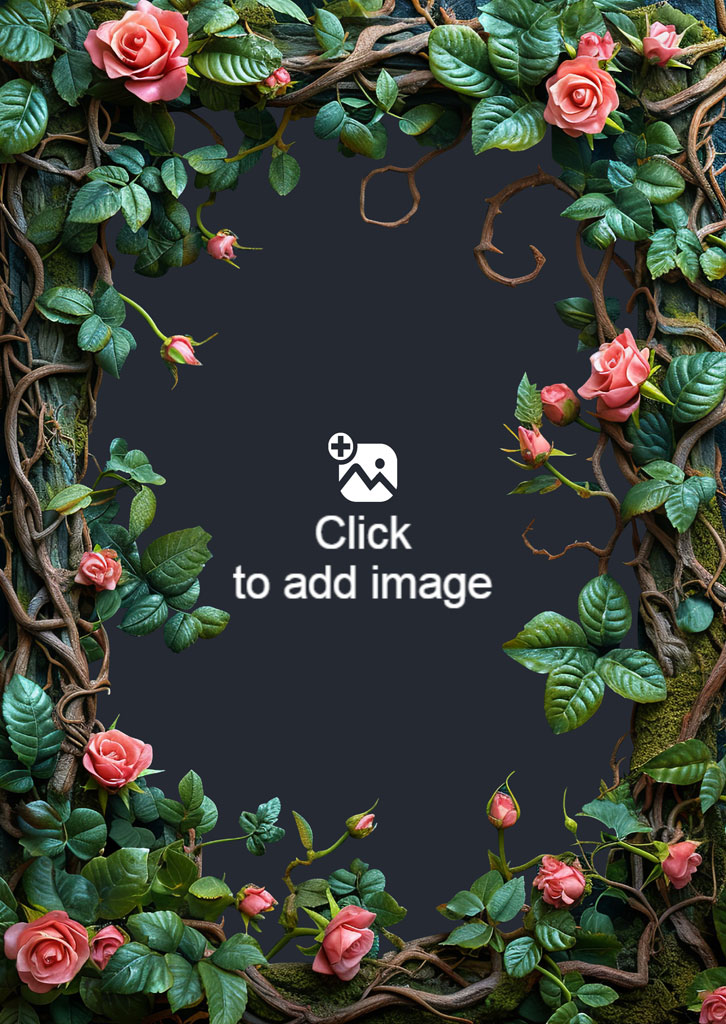 A decorative frame made of vines, pink roses, and green leaves against a dark background.