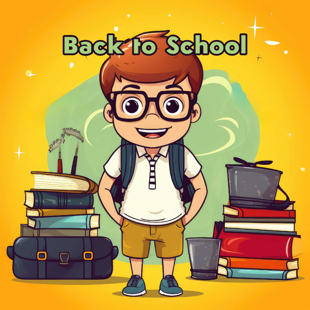 A cartoon boy with glasses and a backpack standing between stacks of books and school supplies