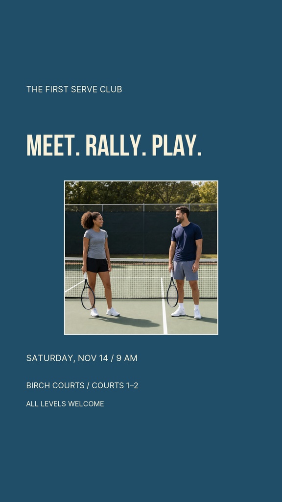Tennis club Instagram story template with two players on a court and event details on a blue background.