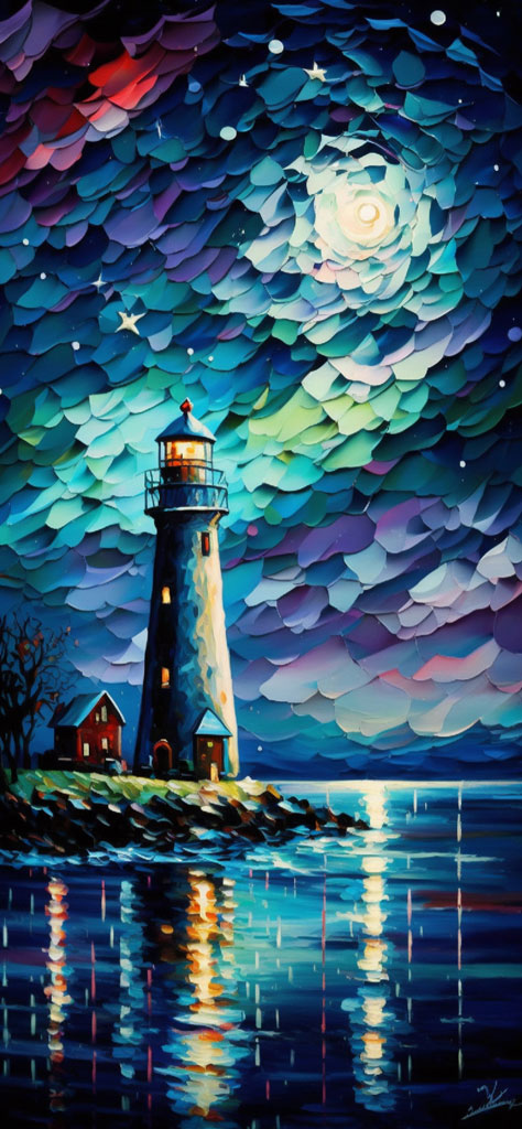A painting of a lighthouse on a rocky shore with a house beside it under a colorful night sky.