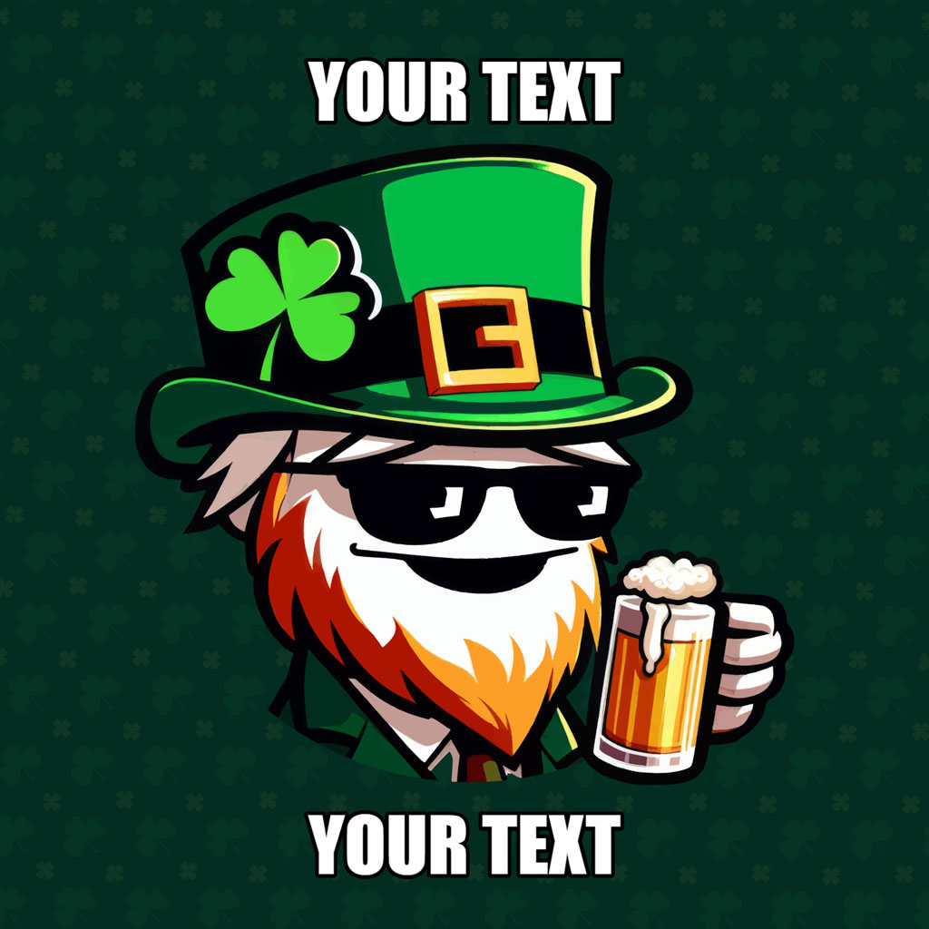 Cartoon bearded man wearing sunglasses and a green hat holding a beer