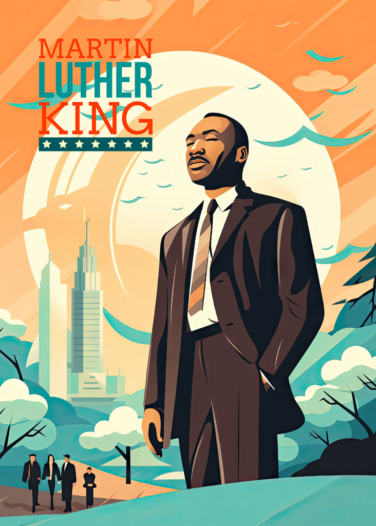 Illustration of Martin Luther King Jr. in a suit with a city skyline behind him