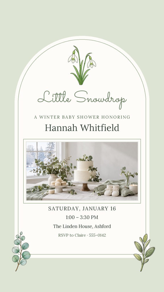 Winter baby shower story template with snowdrop flowers, soft green border, and invitation details