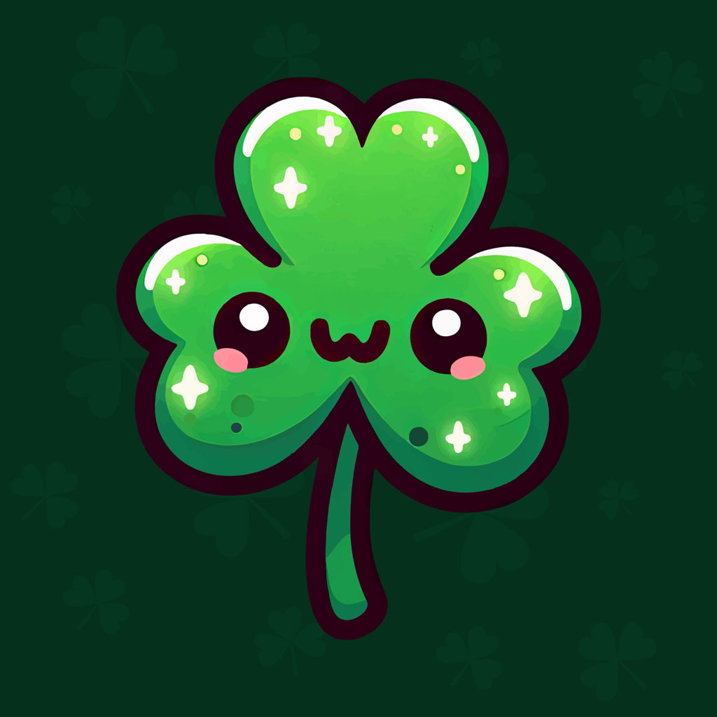A smiling cartoon four-leaf clover with sparkles on a green background