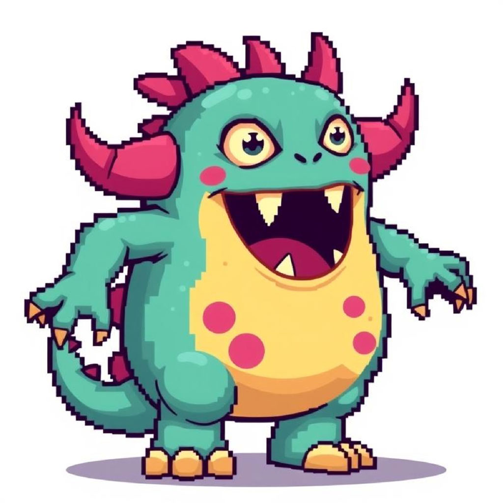 A cartoon dragon with green body, pink horns, and yellow belly, standing on a white background.