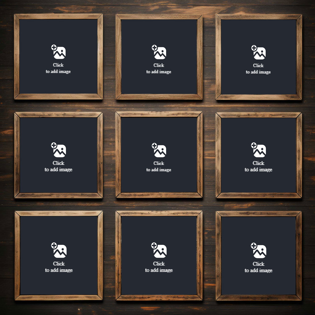 Nine empty blackboards with wooden frames arranged in a grid on a dark wooden surface