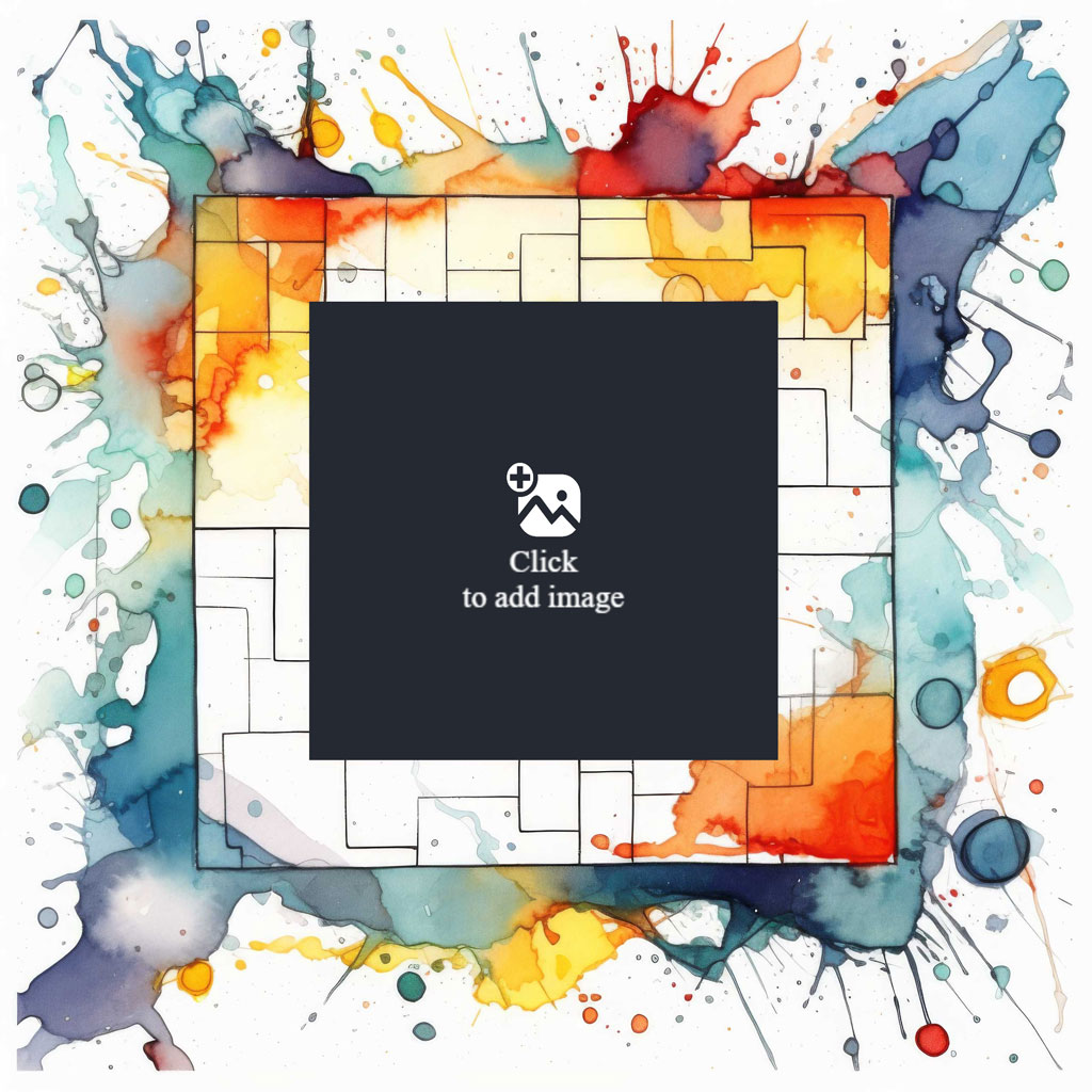 A colorful watercolor frame with a black center square, surrounded by splatters of blue, orange, and yellow paint.