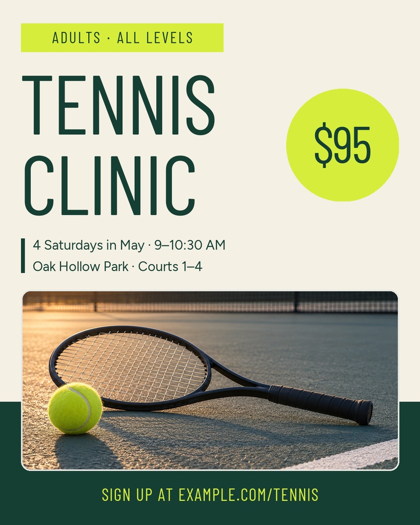 Portrait tennis clinic poster with a racket, tennis ball, and pricing details.
