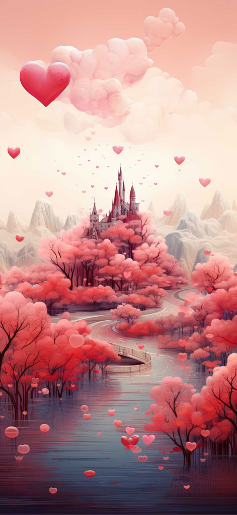 A castle on a hill surrounded by pink trees and floating hearts
