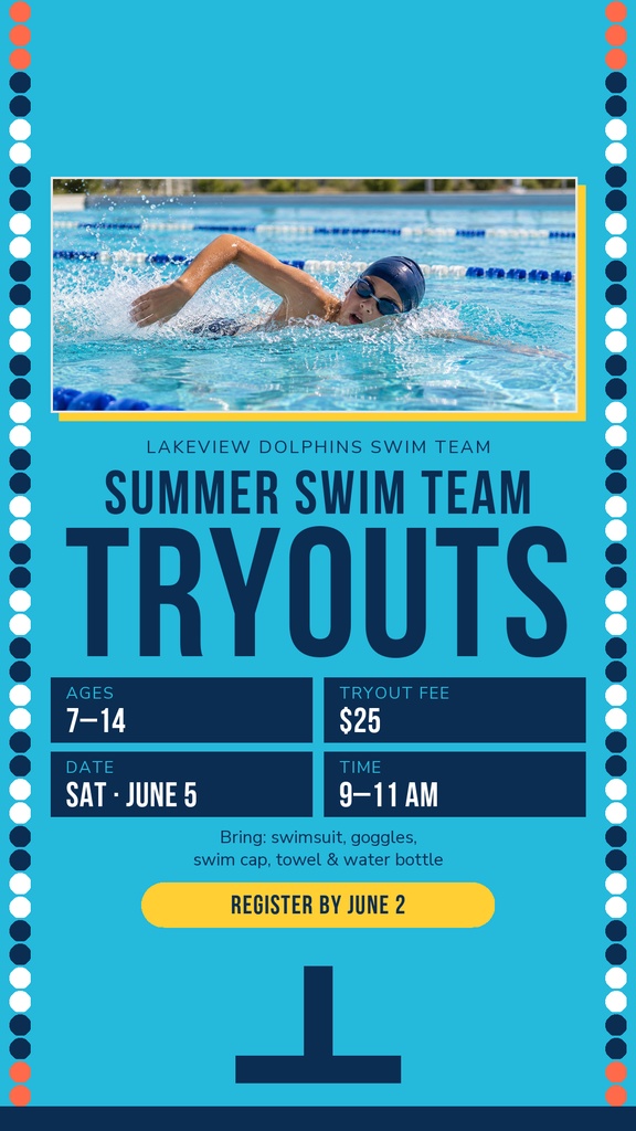 Bright blue Instagram story template for summer swim team tryouts with swimmer photo and bold event details.