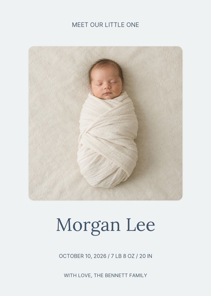 Preview for Meet Our Little Morgan Portrait Birth Announcement Template