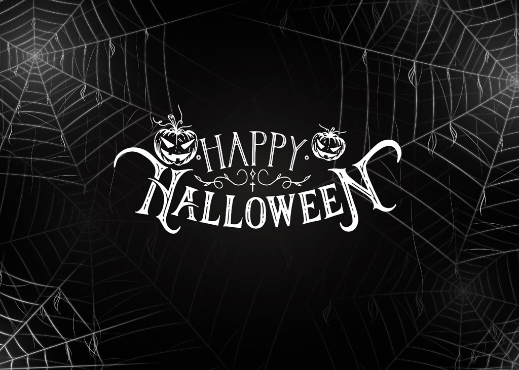 Happy Halloween greeting with jack-o'-lanterns and spider webs on a black background
