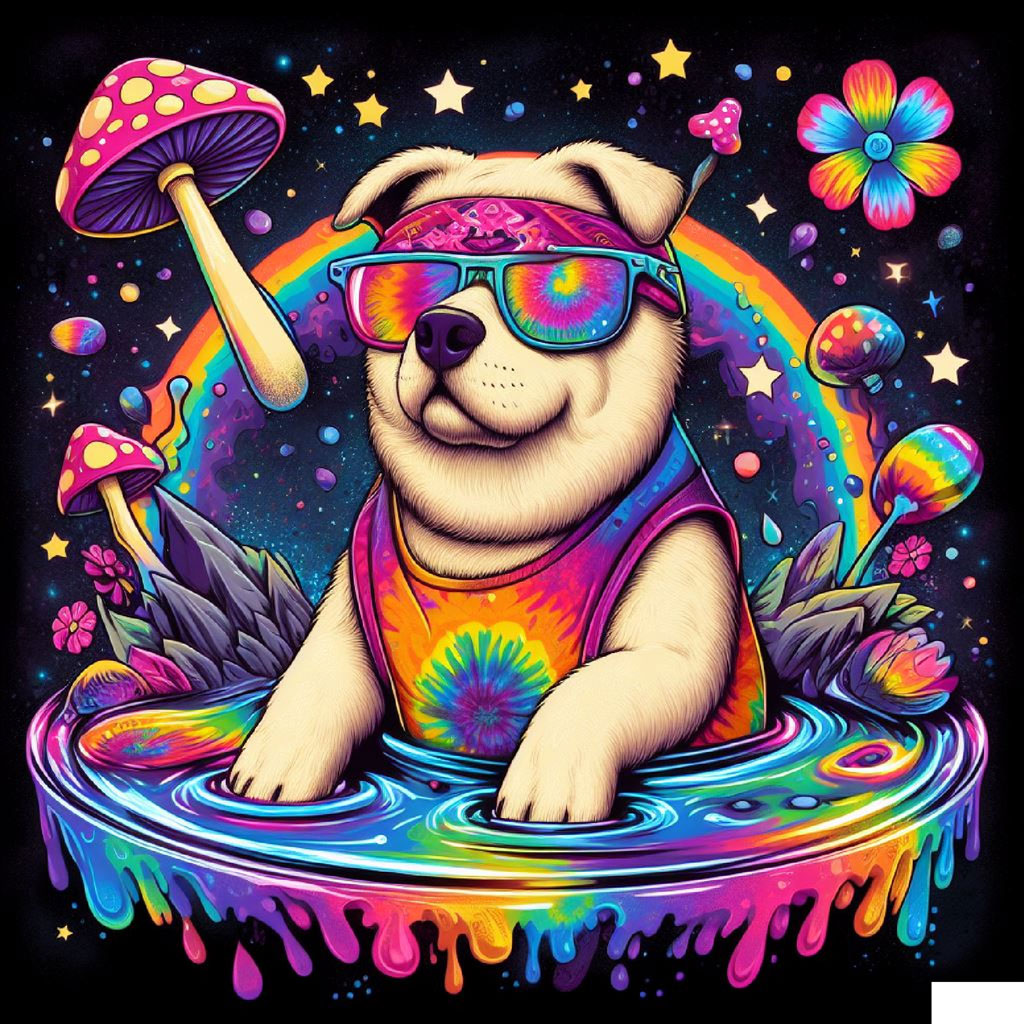 Cartoon dog wearing sunglasses and tie-dye shirt, surrounded by mushrooms and rainbow colors.