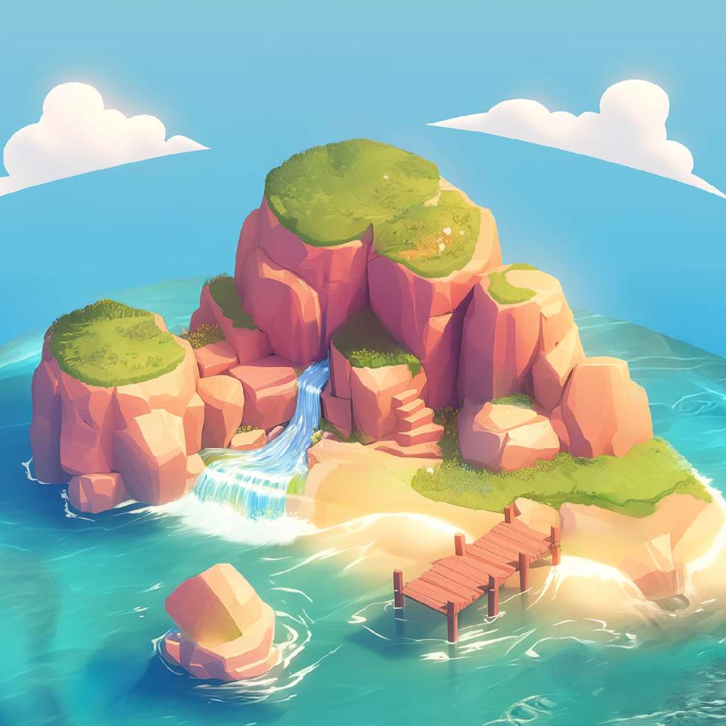 A cartoon island with a waterfall and wooden dock surrounded by turquoise water.