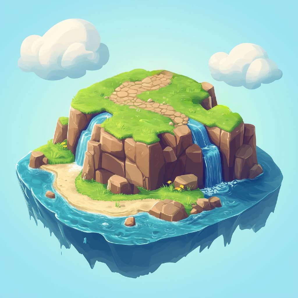 A cartoon illustration of a small island floating in the air, surrounded by water and fluffy clouds.