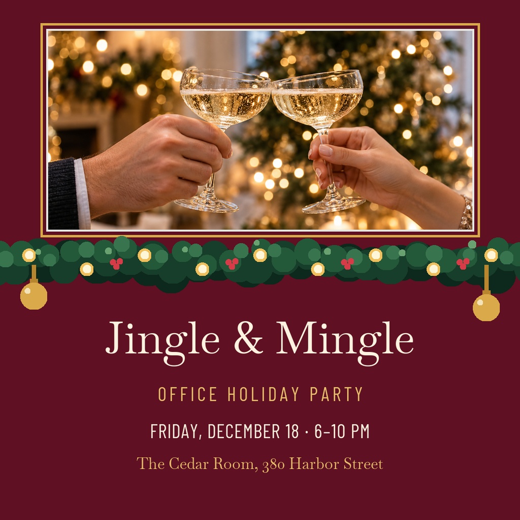 Maroon holiday party invitation with champagne glasses and festive greenery border