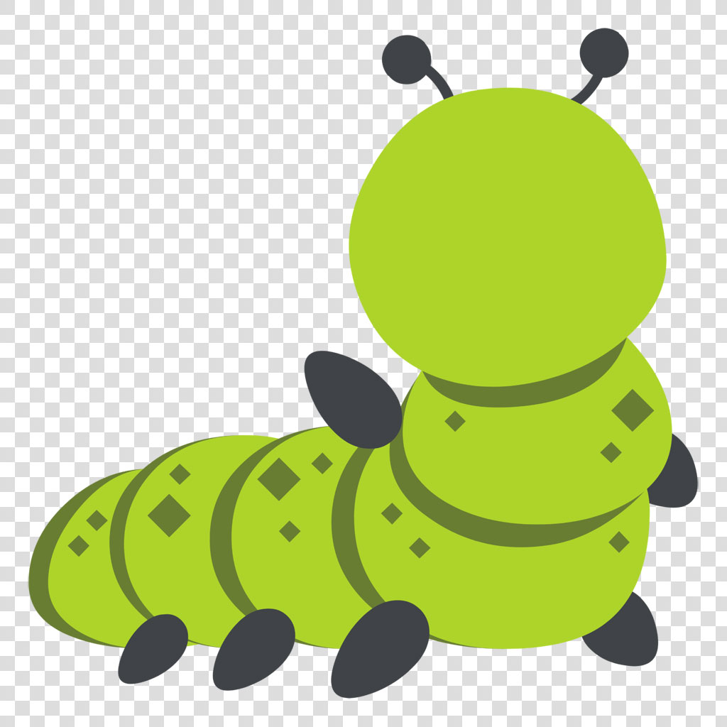 A cartoon green caterpillar with black feet and antennae