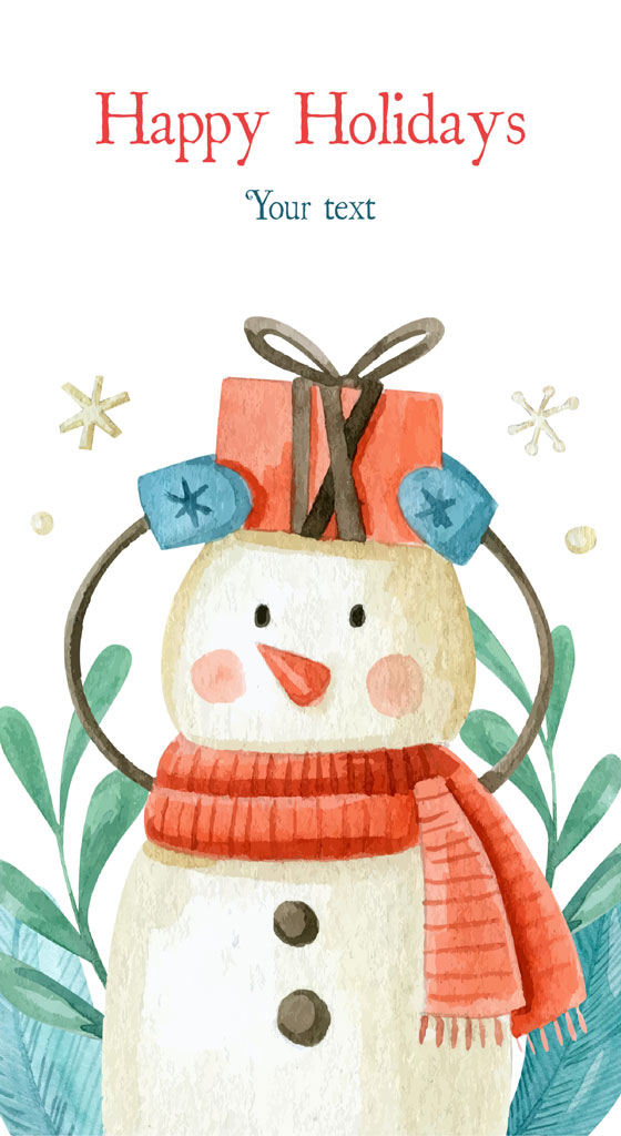 Watercolor illustration of a snowman wearing a red scarf and hat, surrounded by greenery and snowflakes.