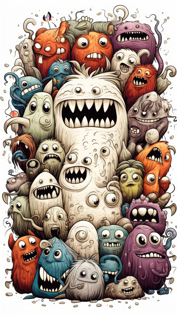 A colorful cartoon illustration of various monsters with different shapes and facial expressions.