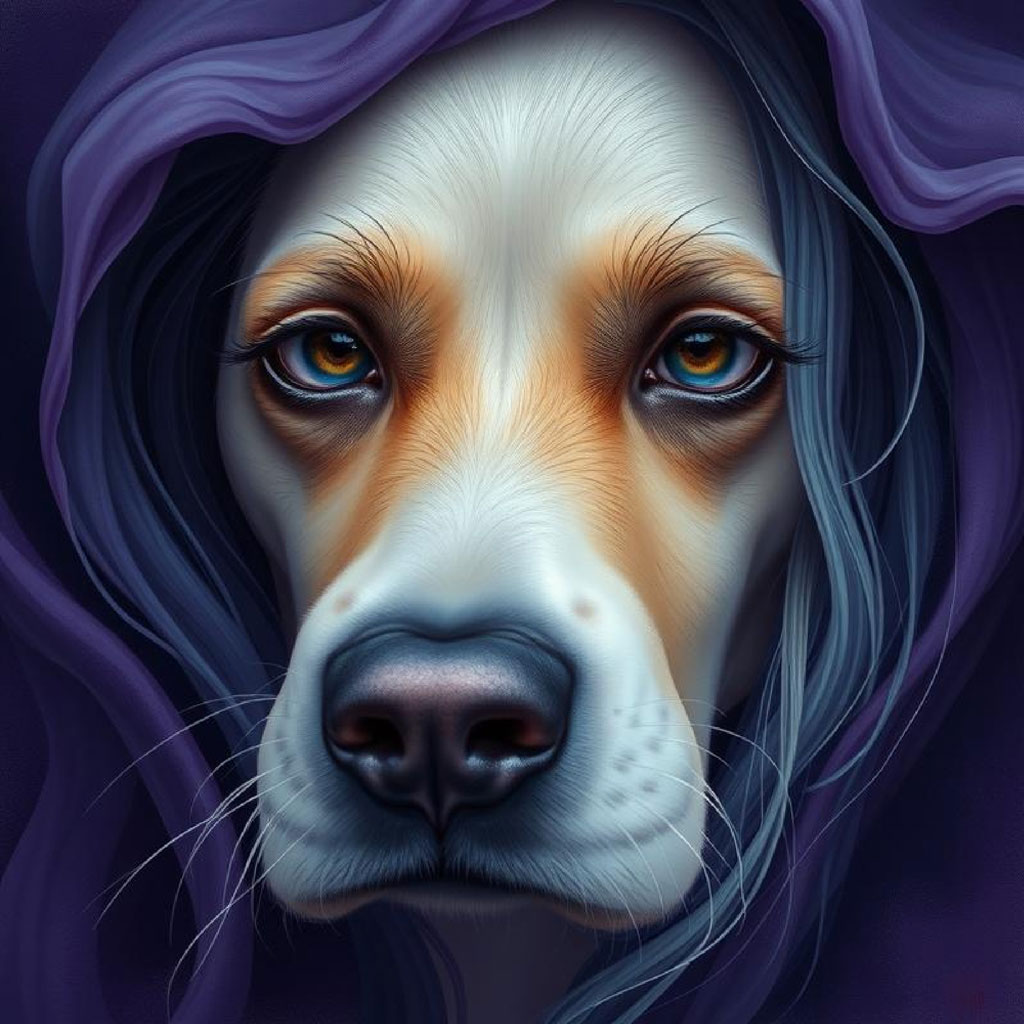 Close-up of a woman's face with blue eyes and purple fabric around her head