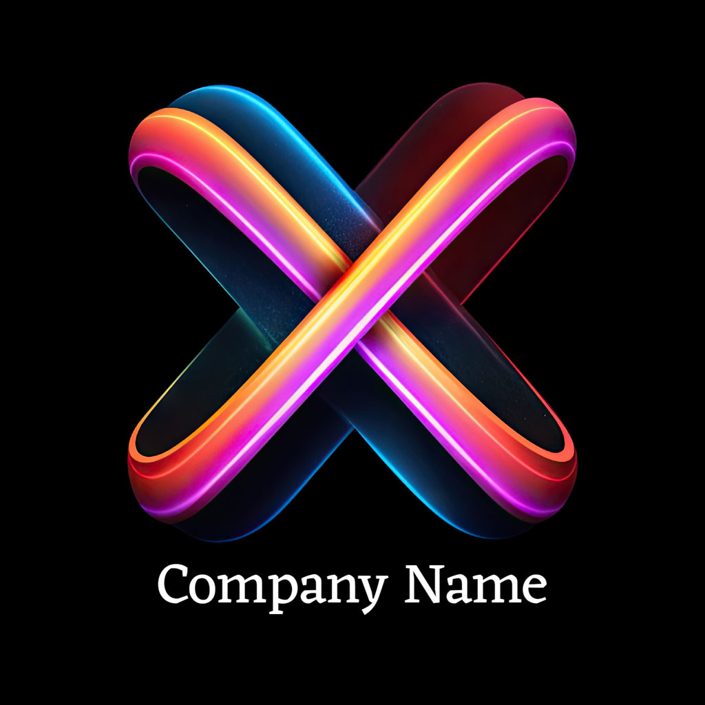 A stylized logo with neon-colored, intertwined elements on a black background.