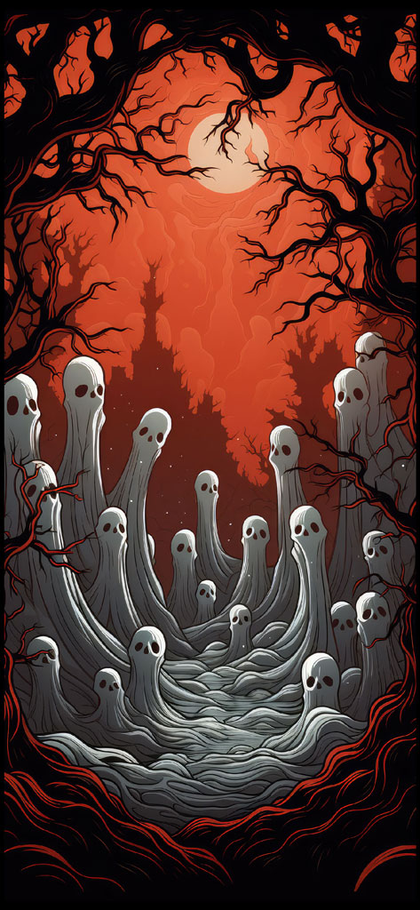 Illustration of ghostly figures in a dark forest
