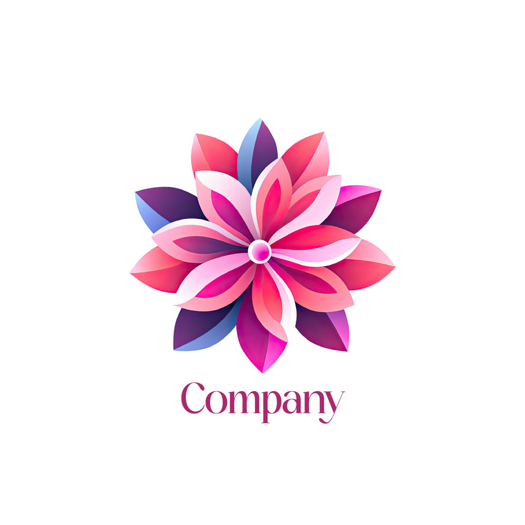 Stylized flower logo with pink, purple, and blue petals