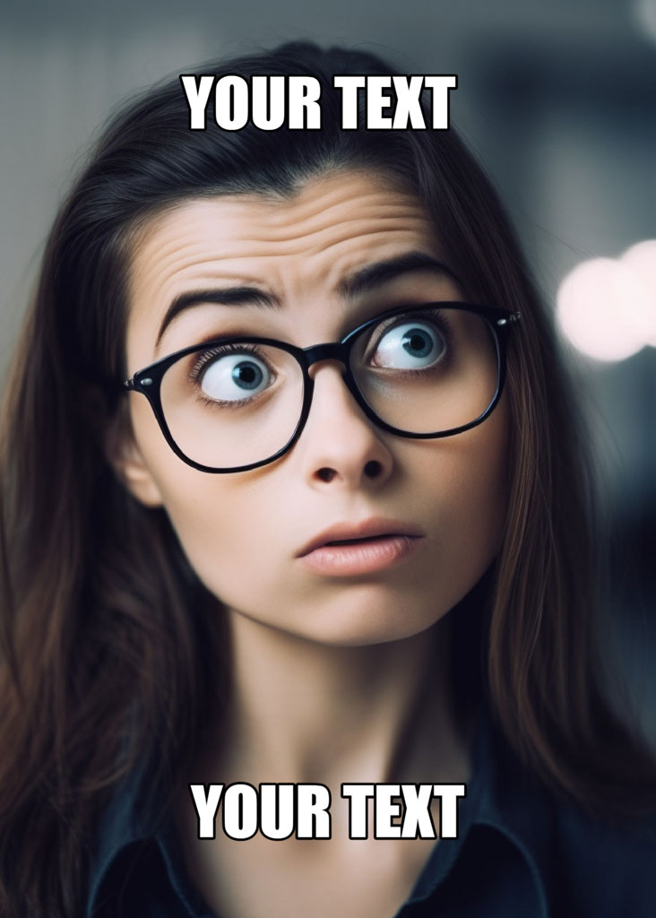 A woman with a shocked expression and wide eyes wearing black glasses