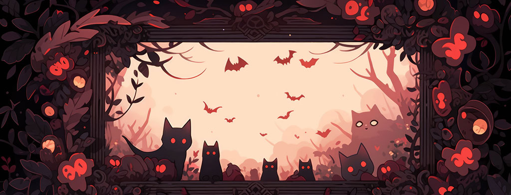 A dark Halloween scene with cats and bats flying around a haunted landscape.