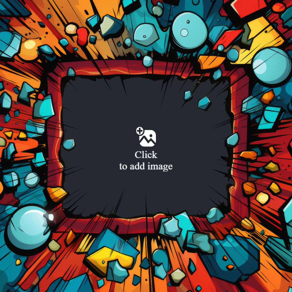 A comic book style illustration of a red frame bursting with colorful debris.