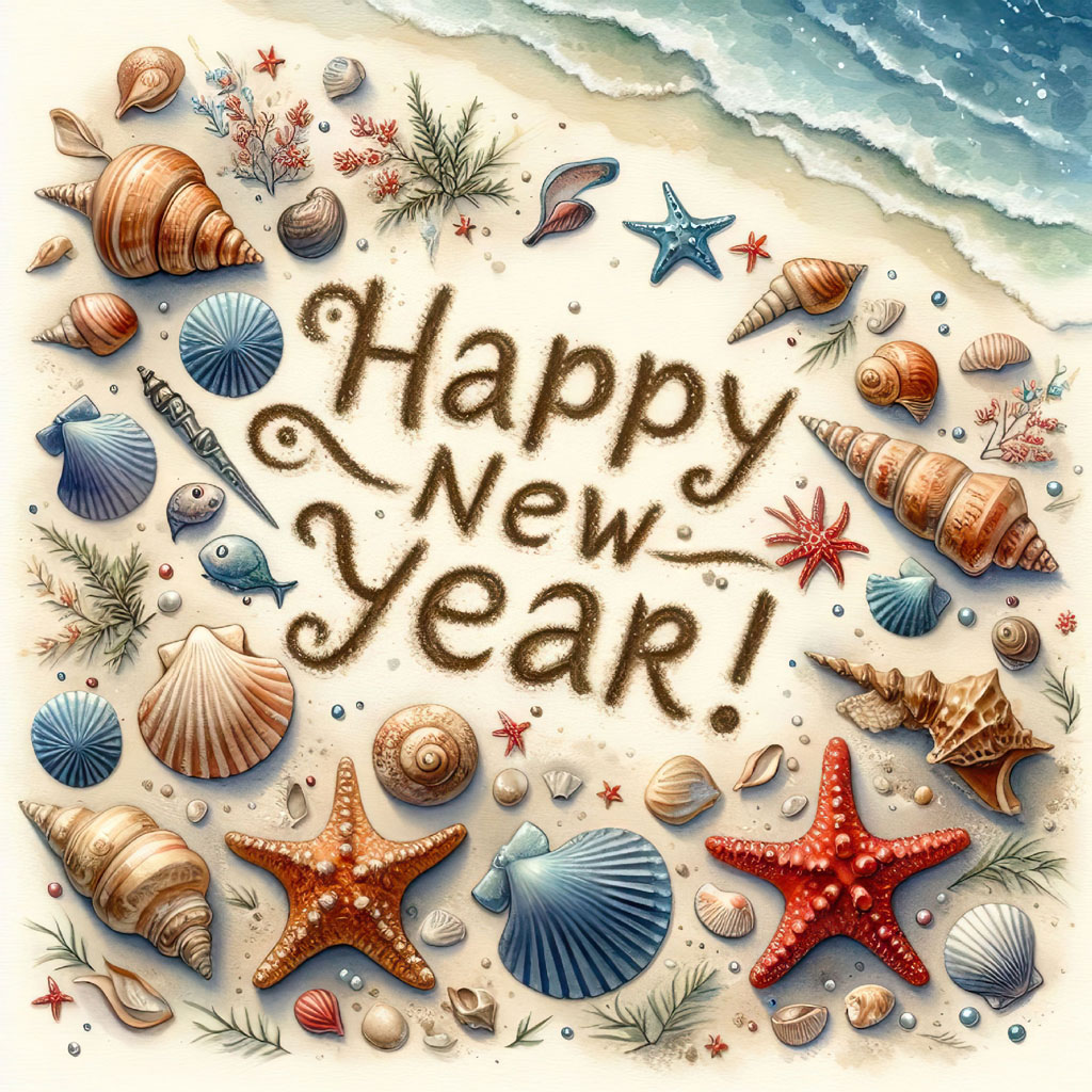 Happy New Year written in the sand surrounded by seashells and starfish on a beach