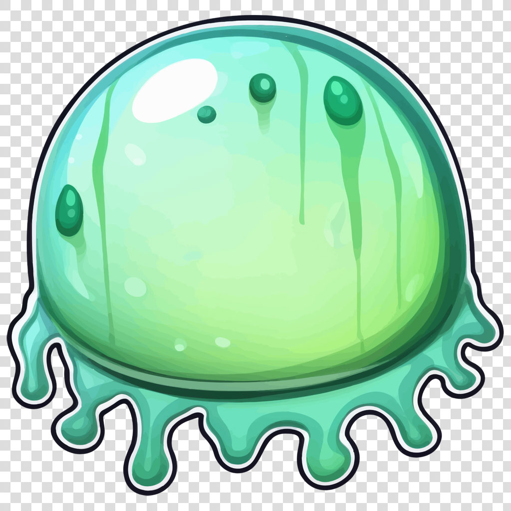 A cartoon green slime with a glossy finish and drips