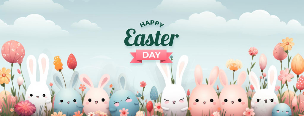 Cartoon bunnies in pastel colors with flowers on Easter day