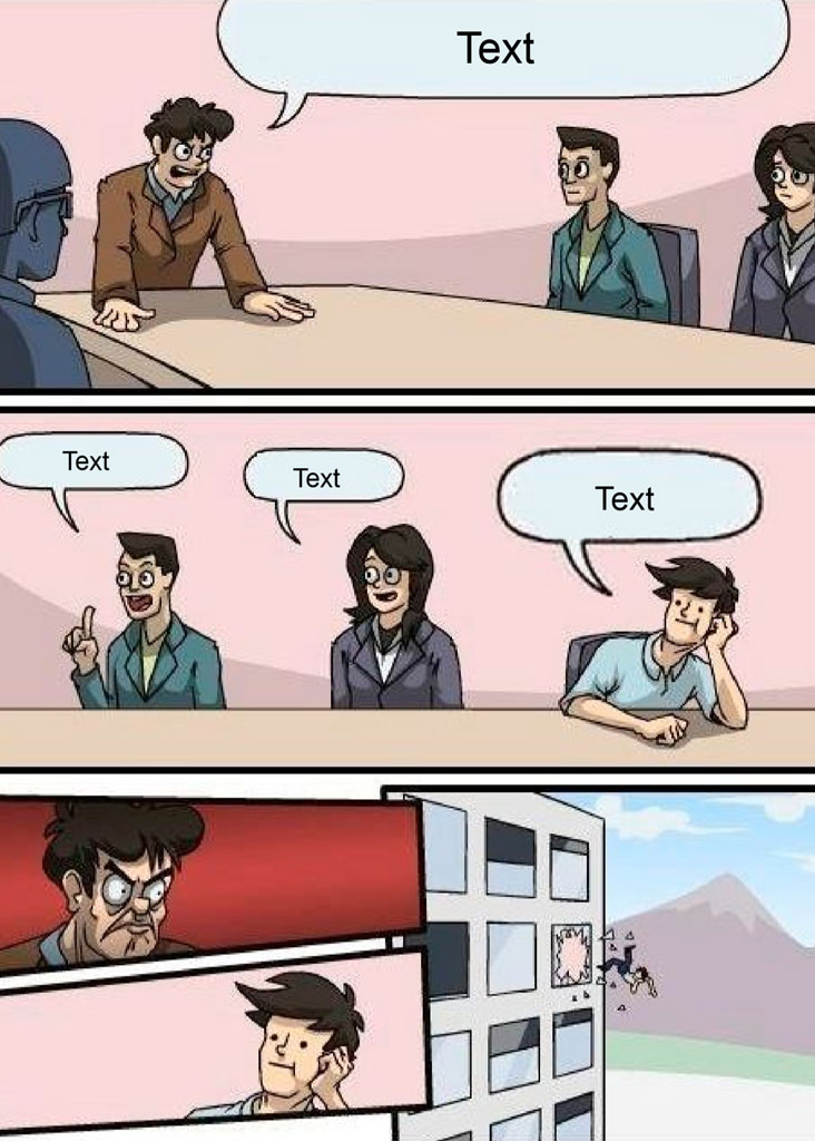 A three-panel comic strip showing a tense business meeting and a man distracted by a horse ride outside.