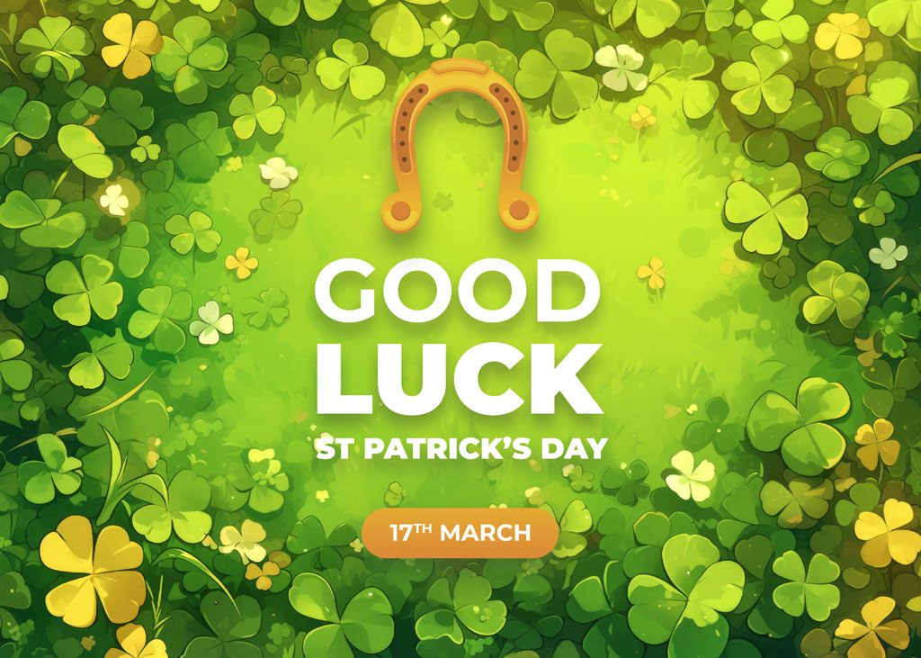 St. Patrick's Day good luck image with shamrocks and horseshoe