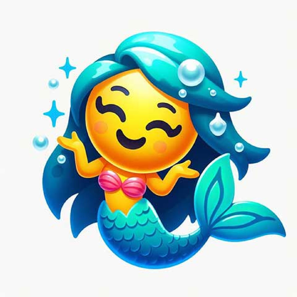 A cartoon mermaid with long blue hair and a shimmering turquoise tail, decorated with starfish.