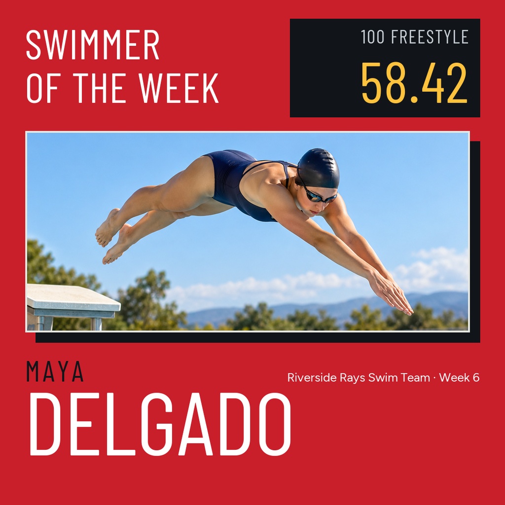 Red square swimmer of the week post featuring a swimmer diving across a pool image and score text.