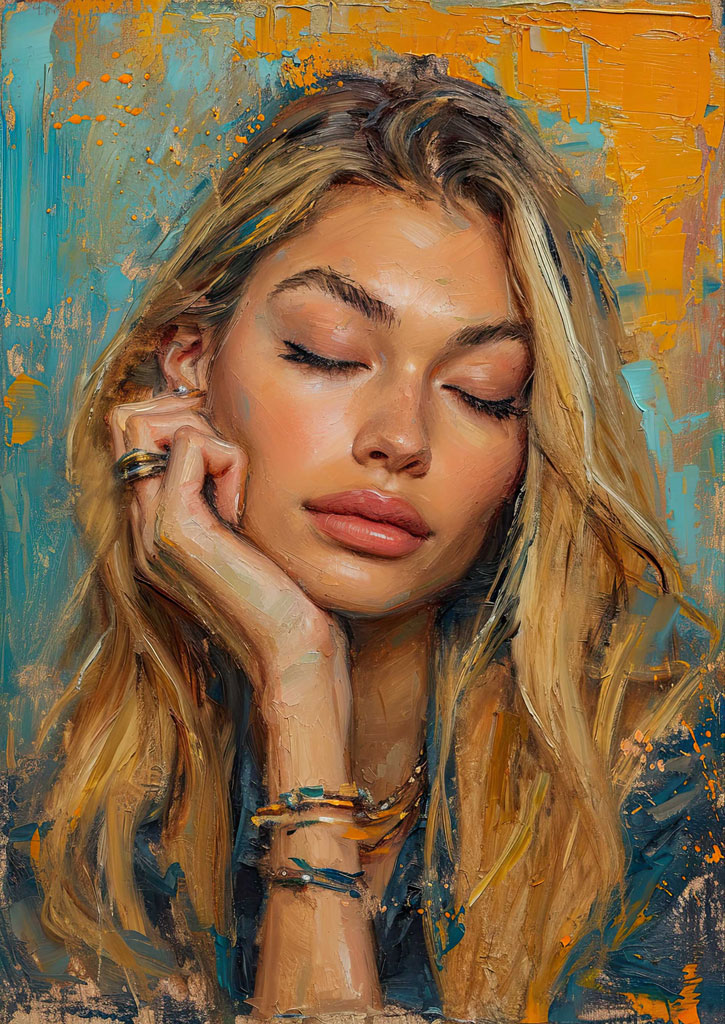 A portrait painting of a blonde woman with her eyes closed, resting her face on her hand.