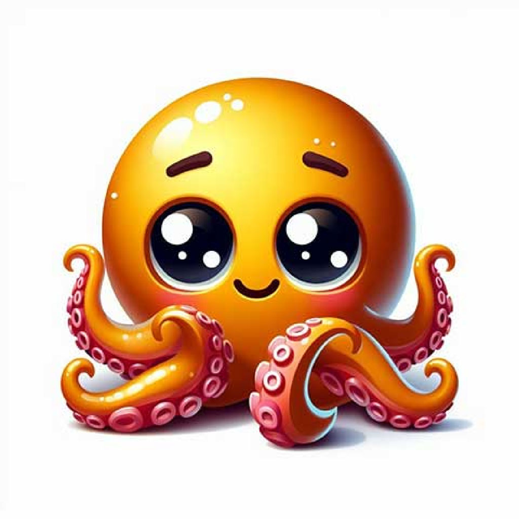A smiling blue octopus toy with eight tentacles and pink cheeks