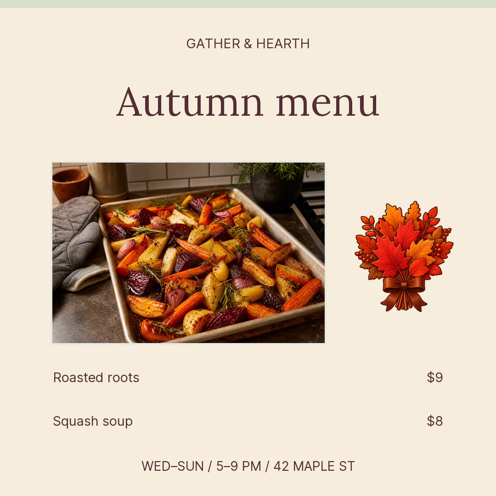 Square menu template with autumn menu title, roasted roots photo, fall leaves icon, and dish prices