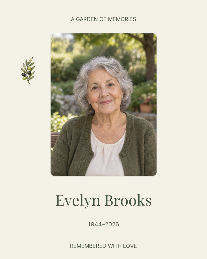 Portrait memorial template with a woman’s photo, floral icon, and remembrance text on a light background.