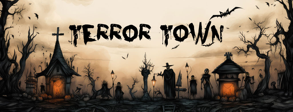Terror Town illustration with haunted houses and silhouettes