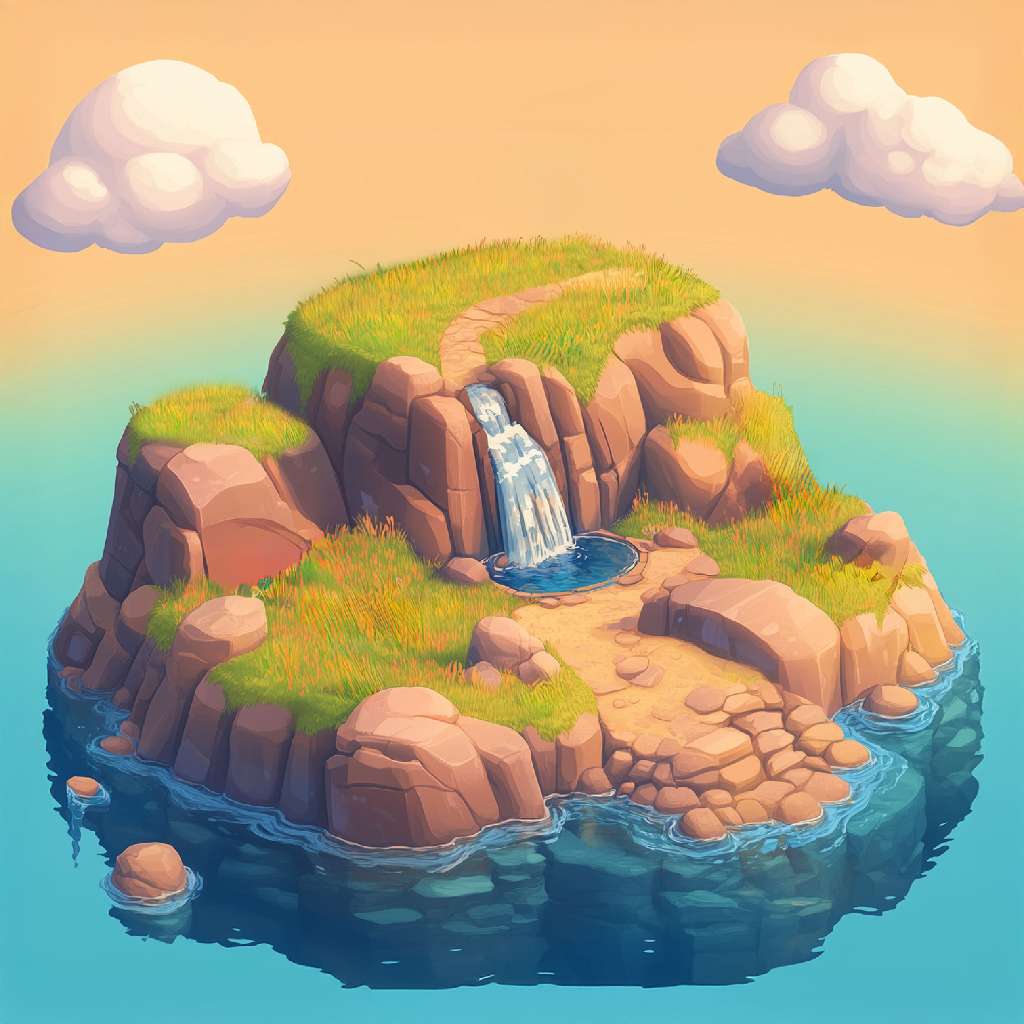 Illustration of a peaceful island with a waterfall