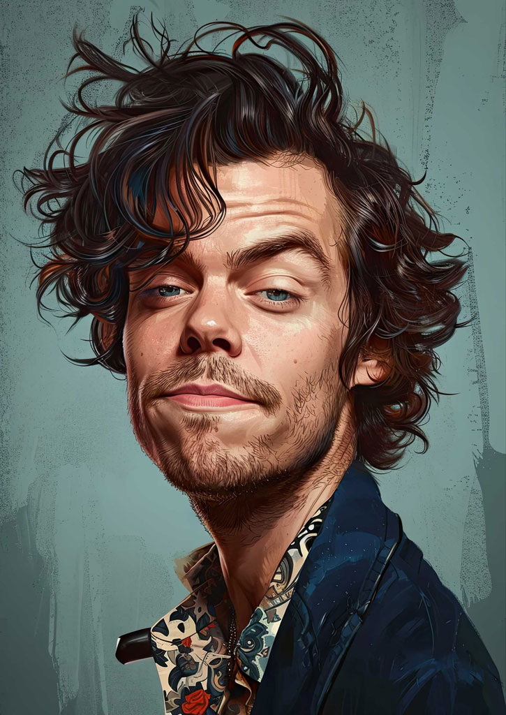 Digital portrait of Harry Styles with curly hair and a patterned shirt.