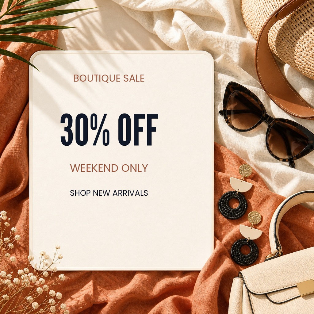 Minimal boutique sale post with 30% off weekend only text and fashion accessories.