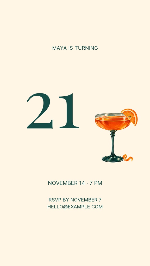 Minimalist birthday story design with the number 21 and a cocktail glass with an orange slice.
