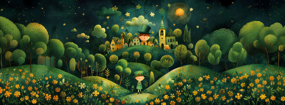A dreamy, moonlit landscape with a castle, trees, and yellow flowers